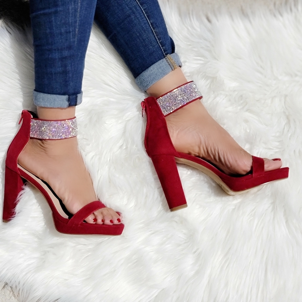 Women's Rhinestone Ankle Band Chunky High Heels Wine Color - Picture 2 of 7